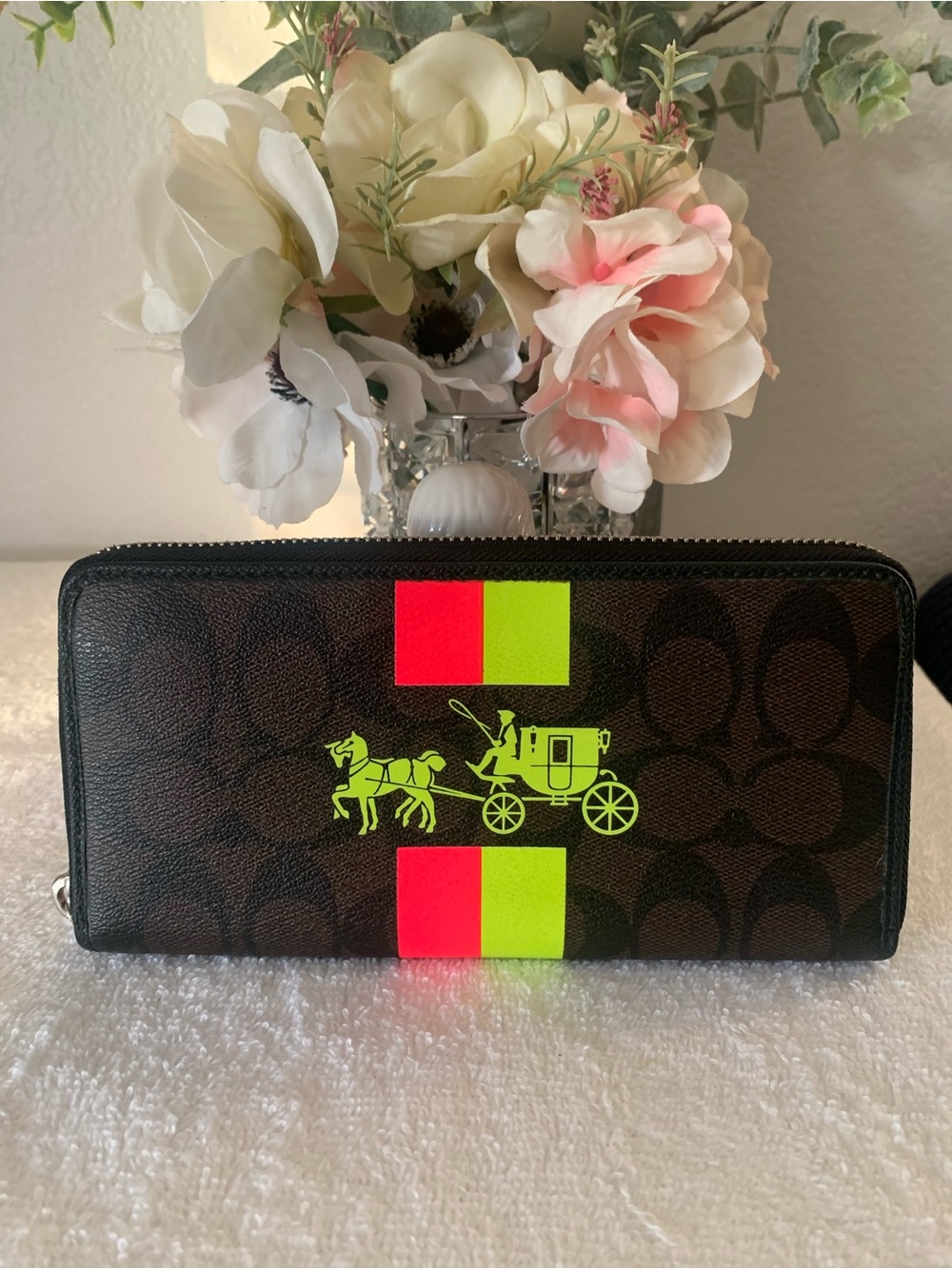 RARE Coach Brown Signature Long Zip Wallet with Neon Pink and Yellow Accents HTF